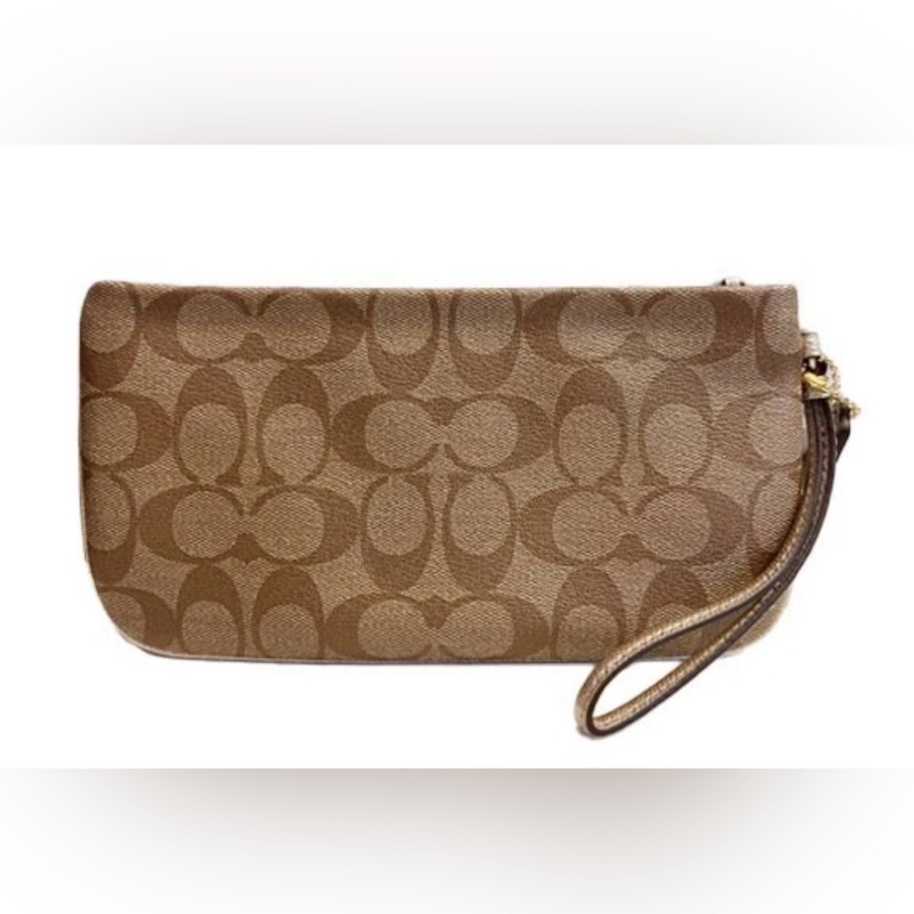 Nwot 💚Auth Coach Signature Large Top Zip Wristlet Wallet Khaki/Platinum - Picture 6 of 8